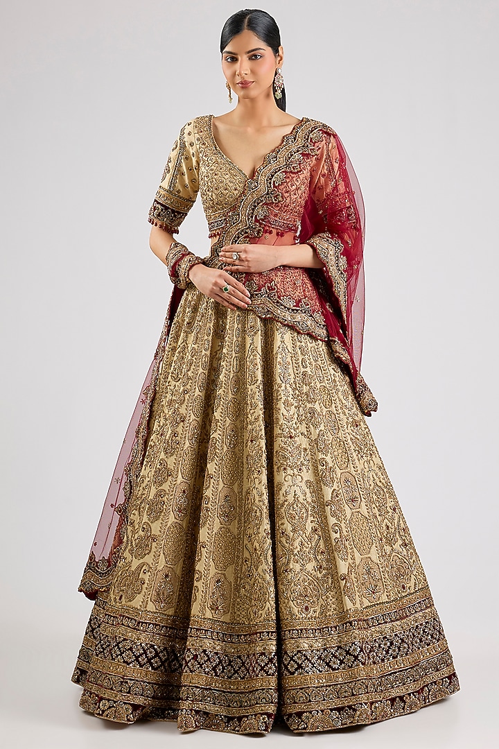 Ivory & Maroon Raw Silk Bridal Lehenga Set by ROQA | Siddharth Khurana & Kartik Khurana at Pernia's Pop Up Shop