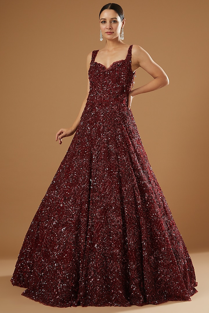 Red Embroidered Gown by ROQA