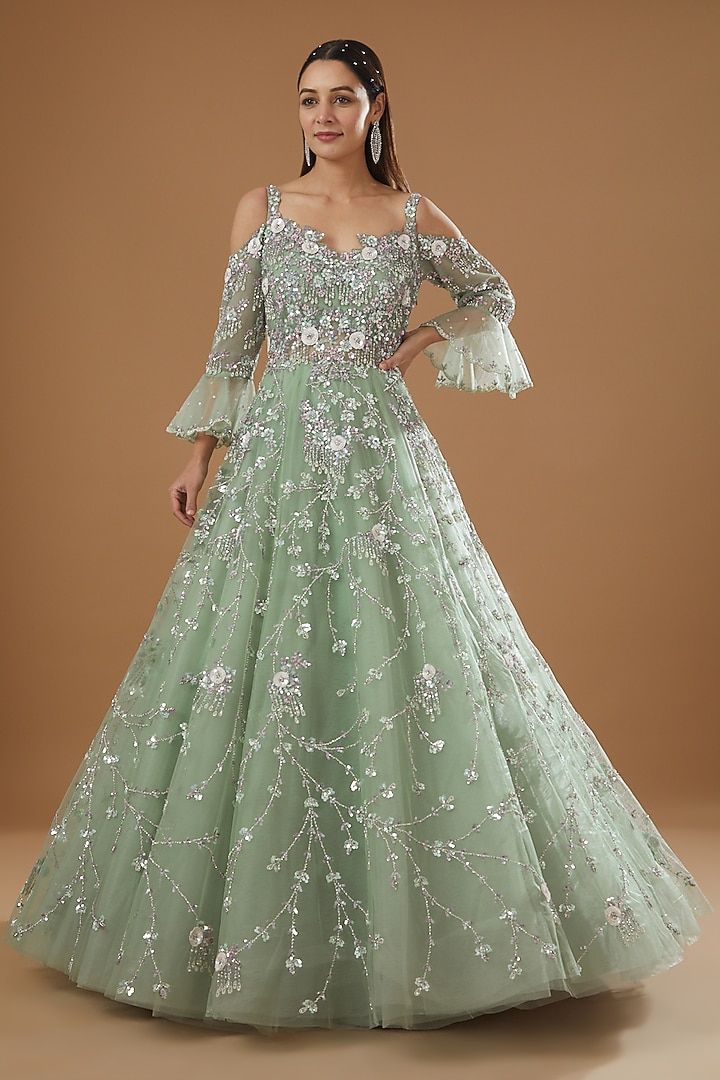 Mint Green Embroidered Gown Design by ROQA at Pernia's Pop Up Shop 2024