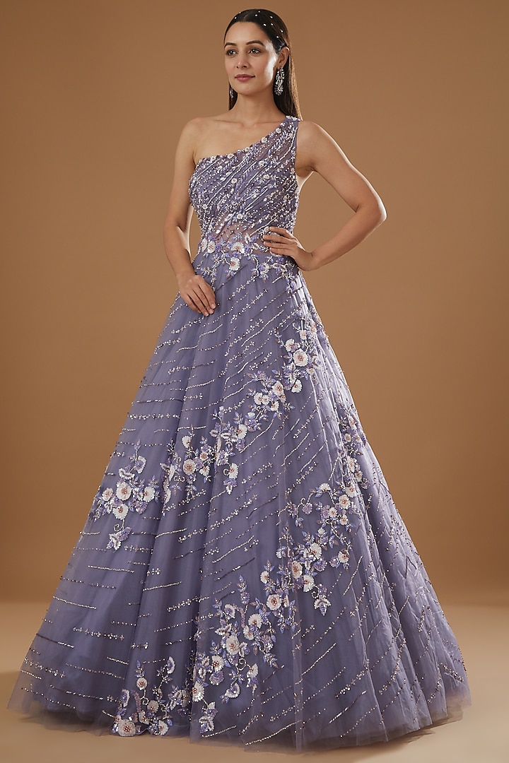 Purple Embroidered Gown by ROQA