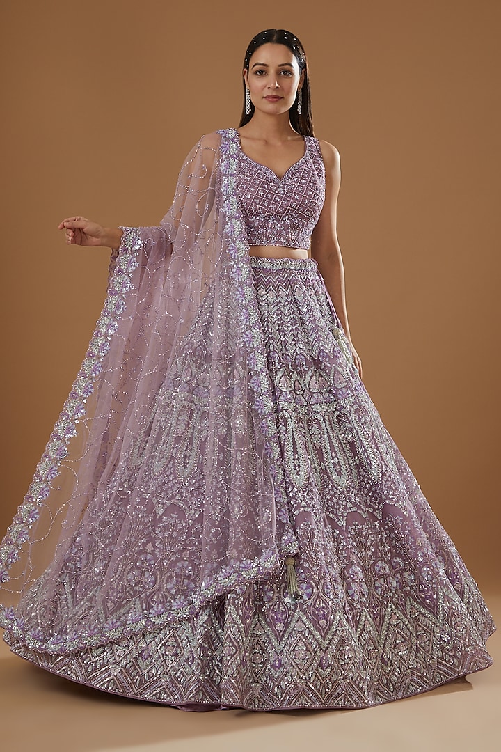 Lilac Embroidered Lehenga Set by ROQA