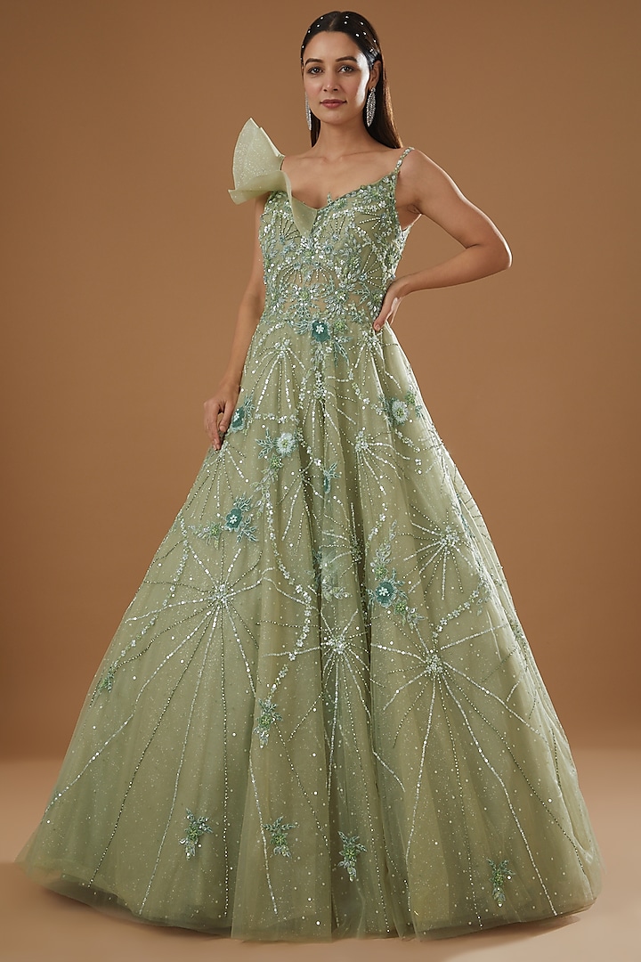 Mint Green Embroidered Gown by ROQA