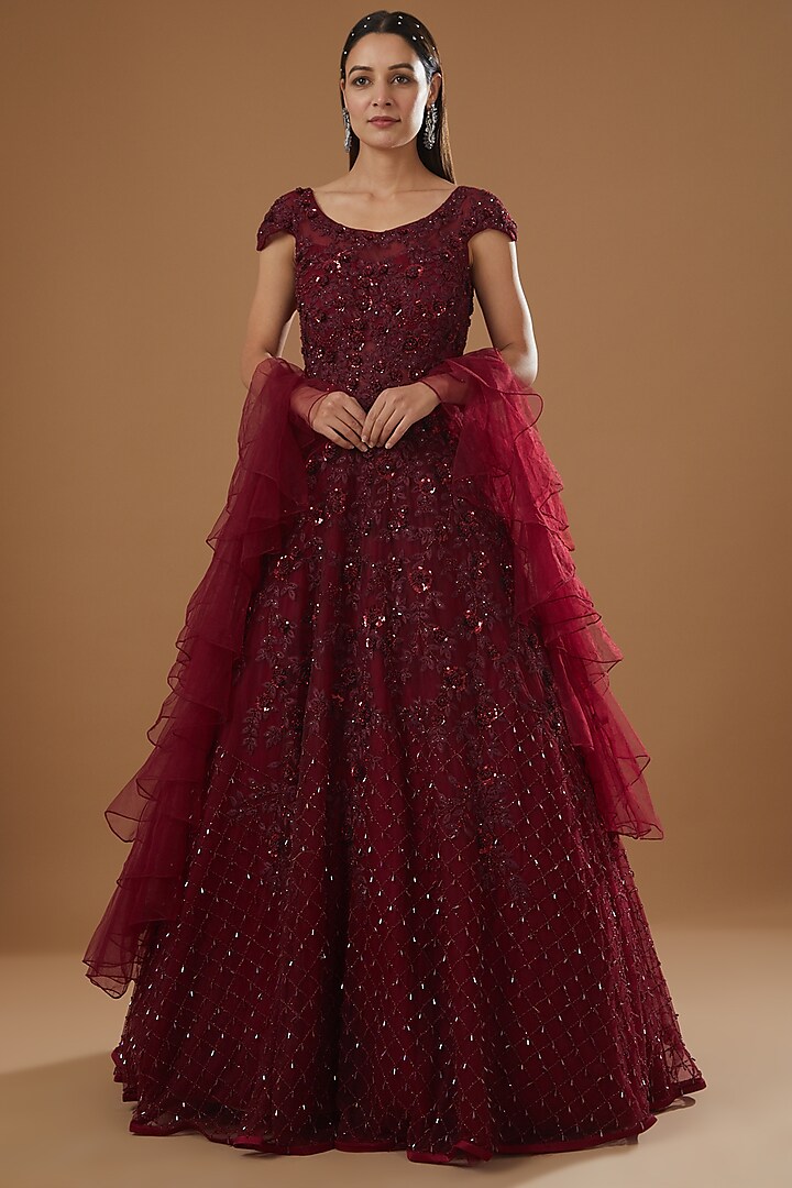 Red Embroidered Gown With Dupatta by ROQA