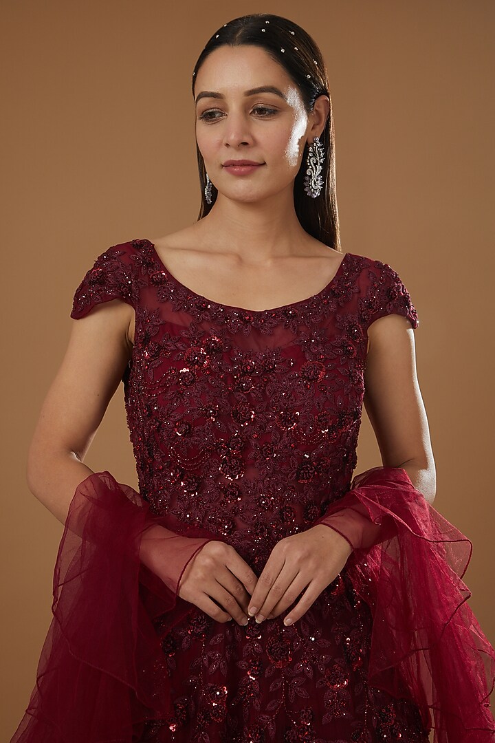 Red Embroidered Wedding Gown With Dupatta by ROQA | Siddharth Khurana & Kartik Khurana at Pernia's Pop Up Shop