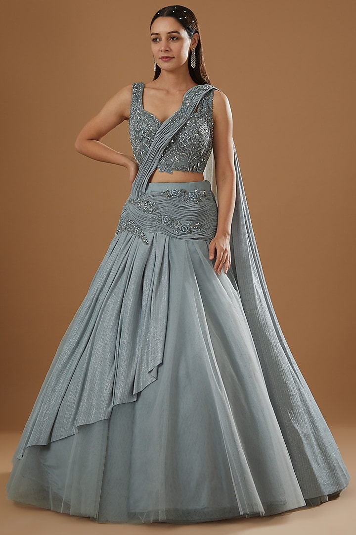 Cool Grey Embroidered Wedding Lehenga Set by ROQA | Siddharth Khurana & Kartik Khurana at Pernia's Pop Up Shop