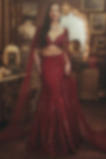 Deep Crimson Red Net Sequin Embellished Bridal Lehenga Set by ROQA | Siddharth Khurana & Kartik Khurana at Pernia's Pop Up Shop