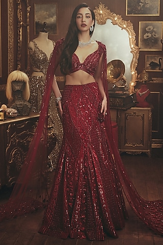 Deep Crimson Red Net Sequin Embellished Lehenga Set by ROQA | Siddharth Khurana & Kartik Khurana
