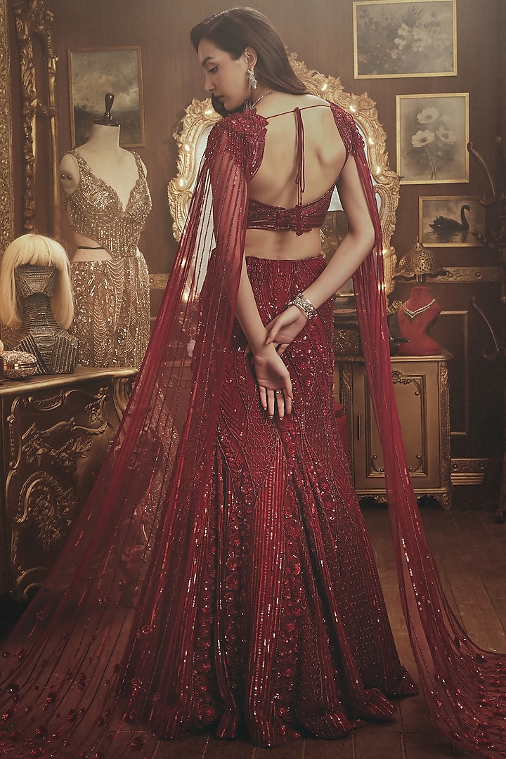 Deep Crimson Red Net Sequin Embellished Bridal Lehenga Set by ROQA | Siddharth Khurana & Kartik Khurana at Pernia's Pop Up Shop