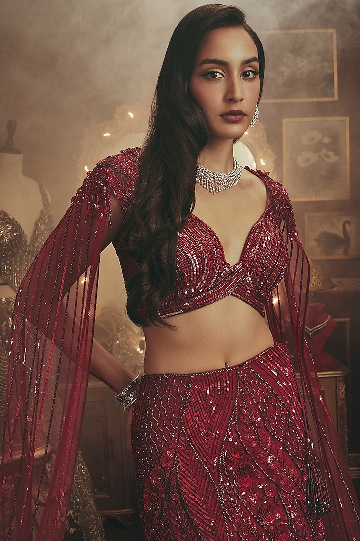 Deep Crimson Red Net Sequin Embellished Bridal Lehenga Set by ROQA | Siddharth Khurana & Kartik Khurana at Pernia's Pop Up Shop