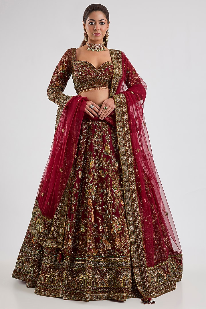 Maroon Organza Bridal Lehenga Set by ROQA | Siddharth Khurana & Kartik Khurana at Pernia's Pop Up Shop
