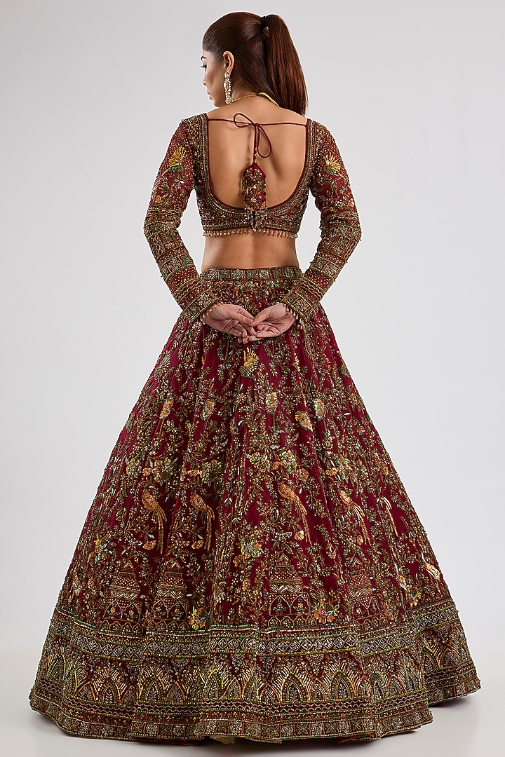Maroon Organza Bridal Lehenga Set by ROQA | Siddharth Khurana & Kartik Khurana at Pernia's Pop Up Shop