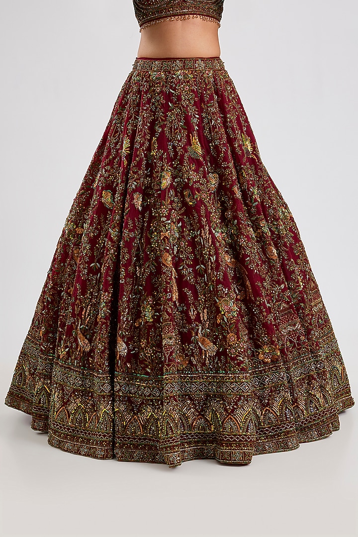 Maroon Organza Bridal Lehenga Set by ROQA | Siddharth Khurana & Kartik Khurana at Pernia's Pop Up Shop