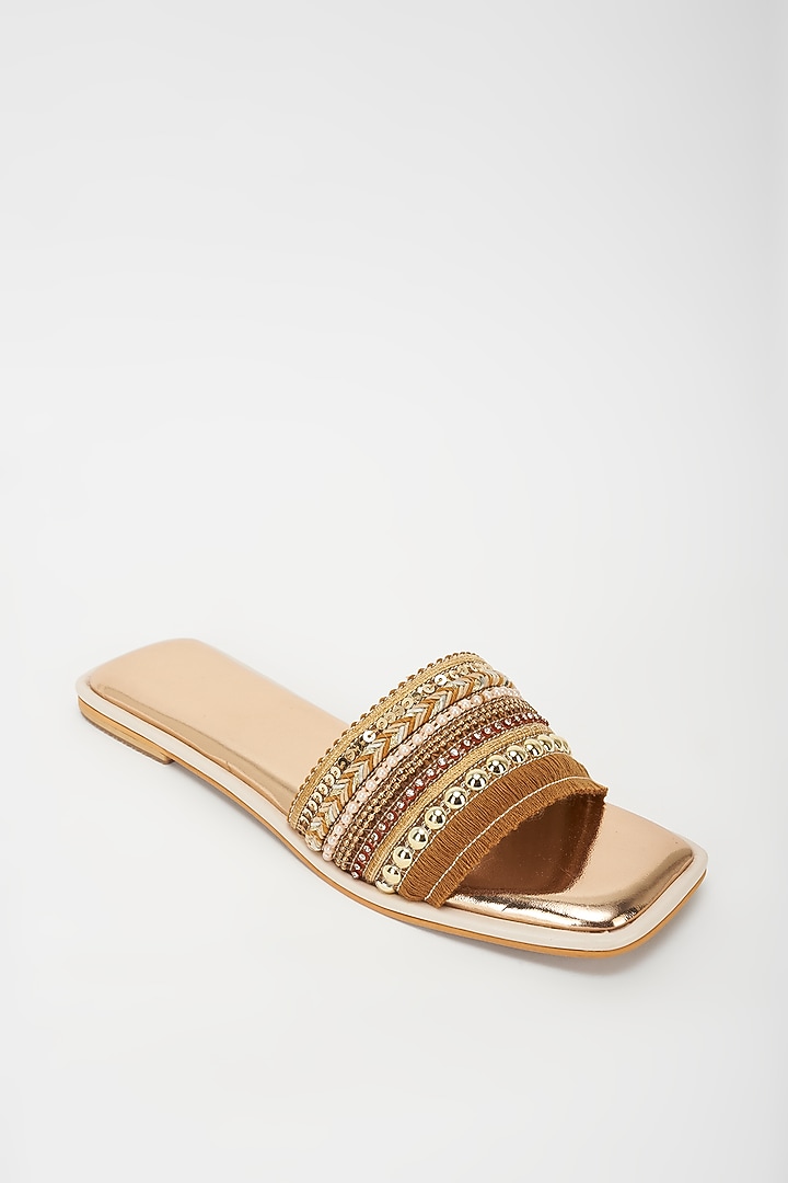 Rose Gold Vegan Leather Embellished Flats by Rosho at Pernia's Pop Up Shop
