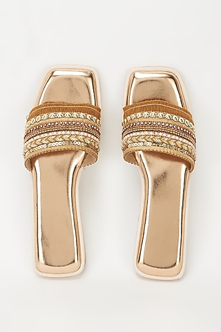 Rose Gold Vegan Leather Embellished Flats by Rosho