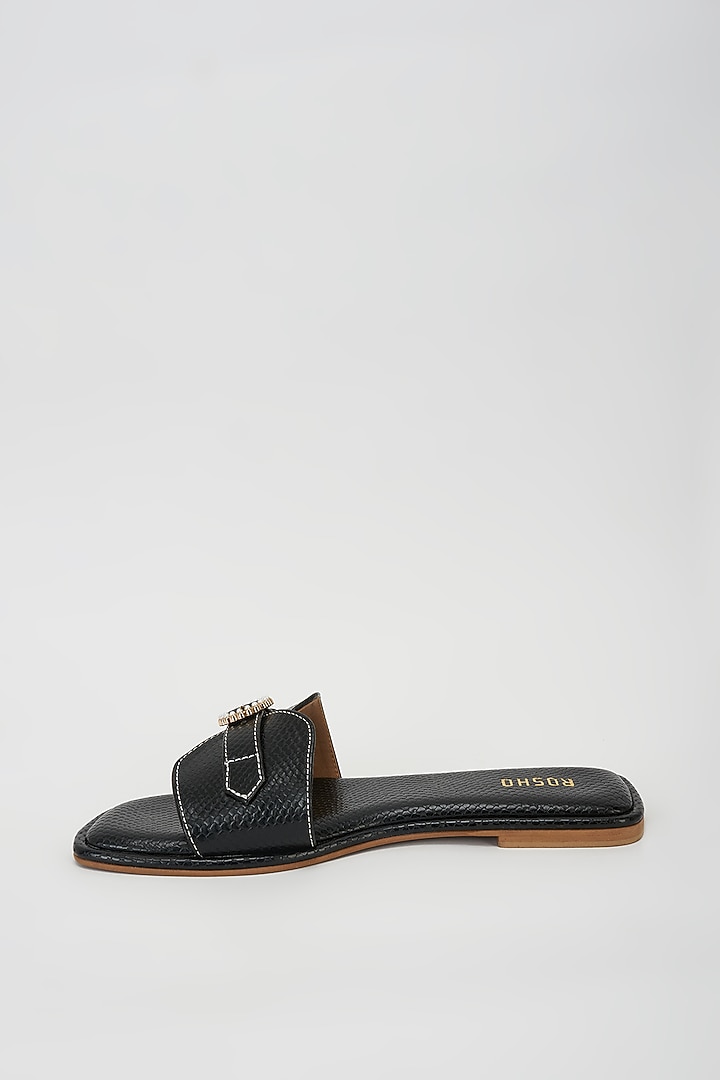Black Vegan Leather Pearl Embellished Flats by Rosho at Pernia's Pop Up Shop