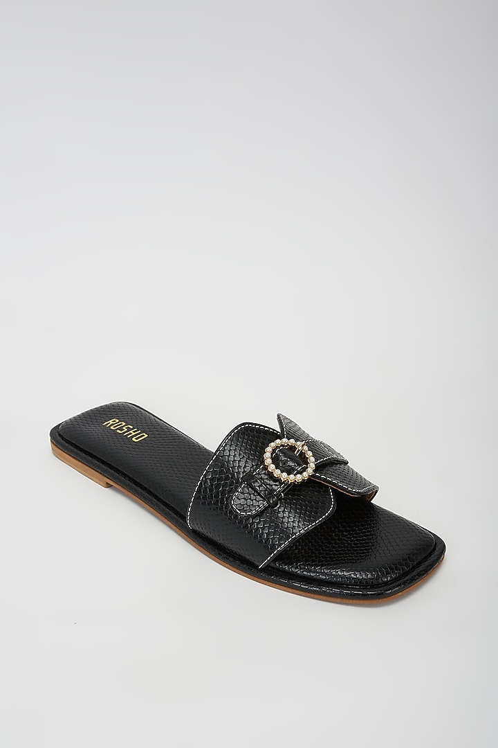 Black Vegan Leather Pearl Embellished Flats by Rosho at Pernia's Pop Up Shop