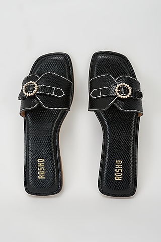 Black Vegan Leather Pearl Embellished Flats by Rosho
