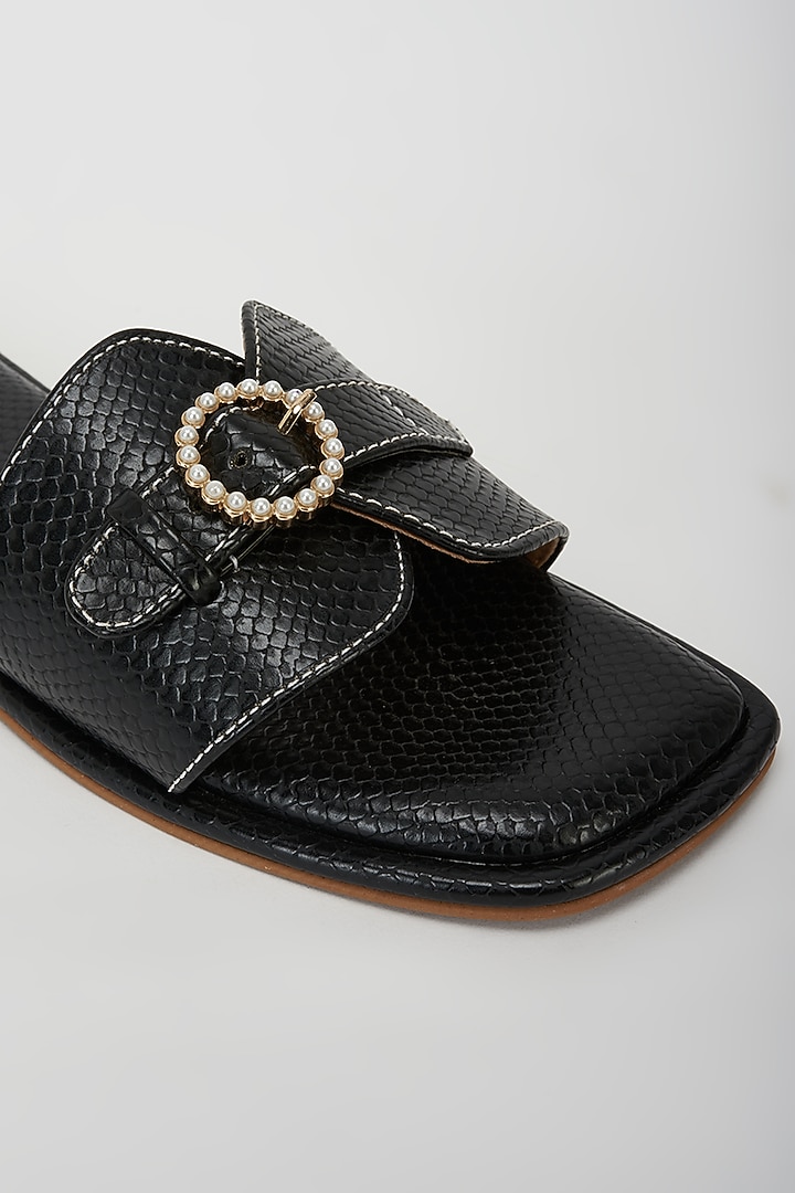 Black Vegan Leather Pearl Embellished Flats by Rosho at Pernia's Pop Up Shop