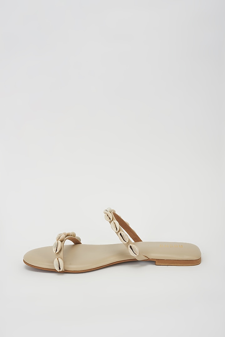 White Vegan Leather Embellished Flats by Rosho at Pernia's Pop Up Shop