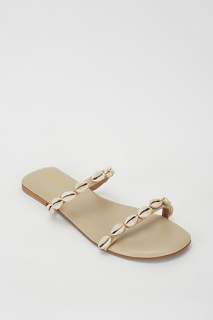 White Vegan Leather Embellished Flats by Rosho at Pernia's Pop Up Shop