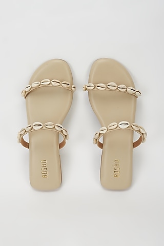 White Vegan Leather Embellished Flats by Rosho