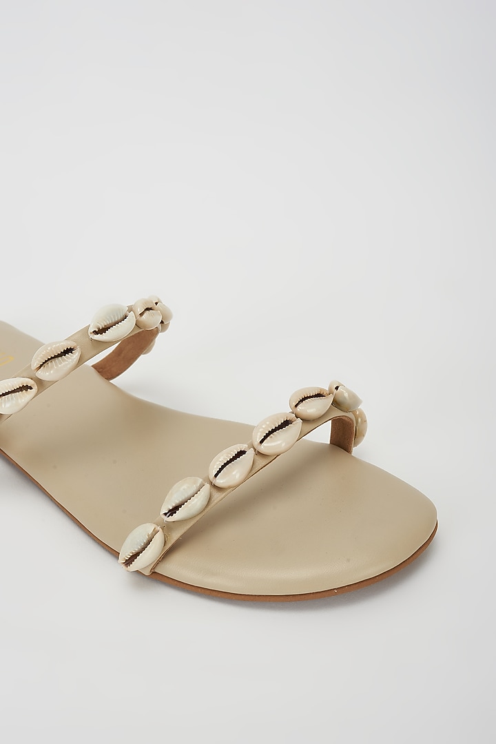 White Vegan Leather Embellished Flats by Rosho at Pernia's Pop Up Shop