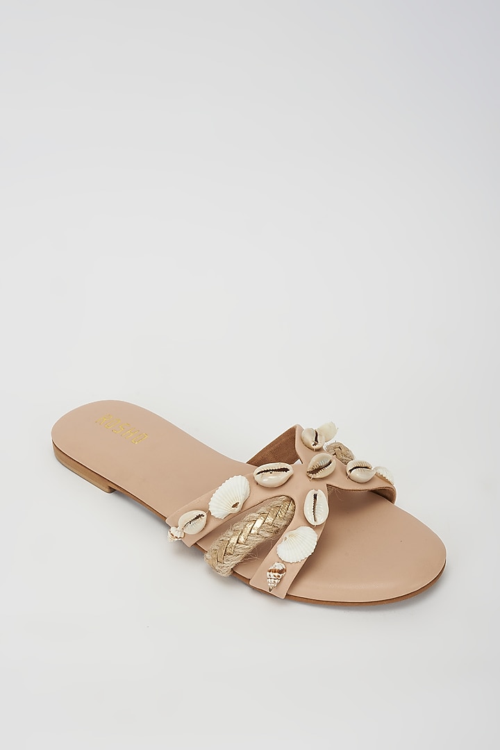 Nude Vegan Leather Beaded Flats by Rosho at Pernia's Pop Up Shop