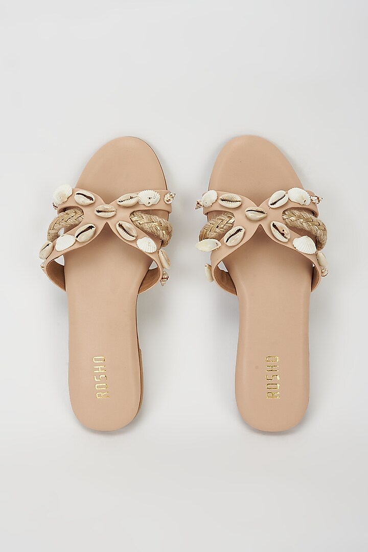 Nude Vegan Leather Beaded Flats by Rosho