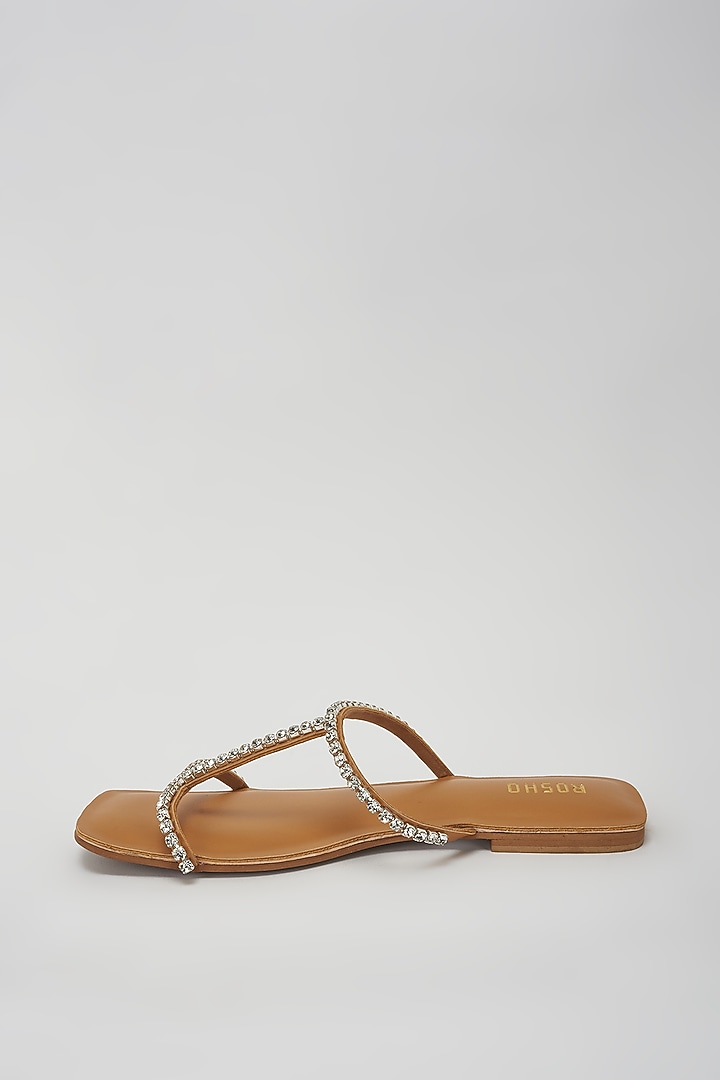 Silver & Tan Vegan Leather Diamond Embellished Flats by Rosho at Pernia's Pop Up Shop