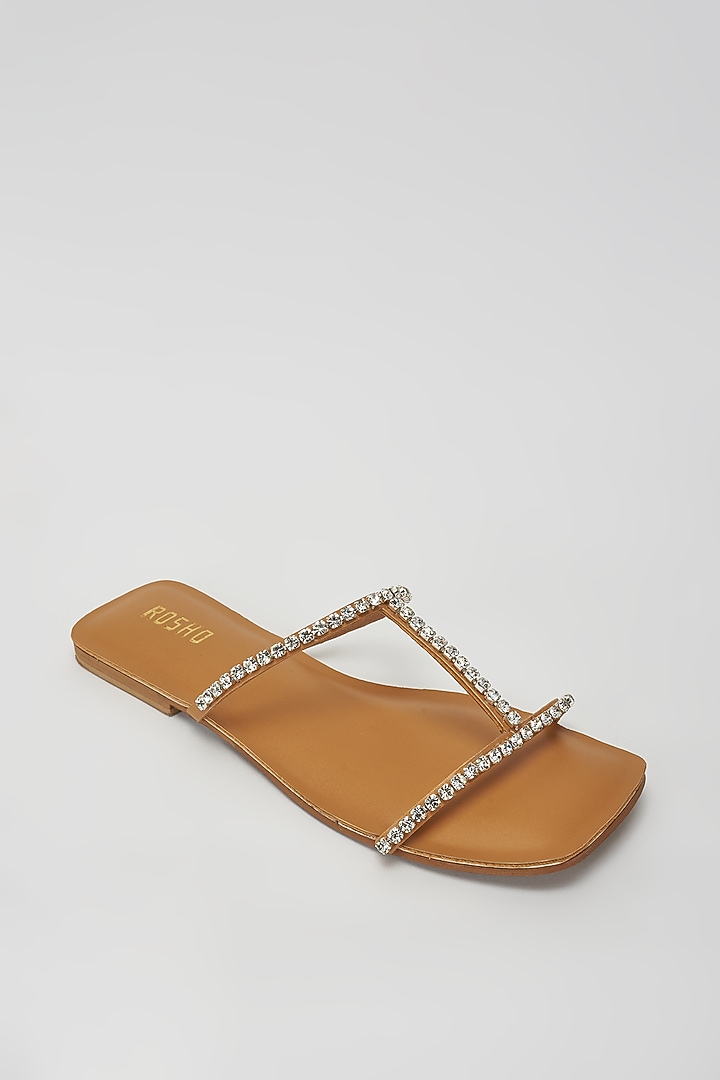 Silver & Tan Vegan Leather Diamond Embellished Flats by Rosho at Pernia's Pop Up Shop