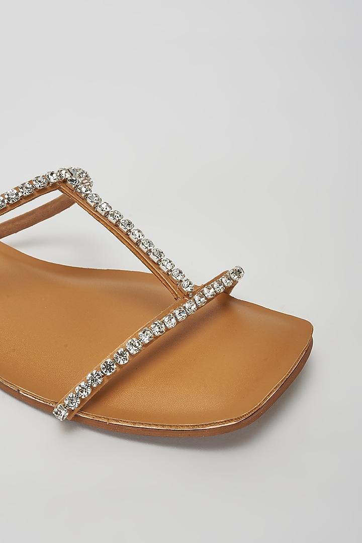 Silver & Tan Vegan Leather Diamond Embellished Flats by Rosho at Pernia's Pop Up Shop