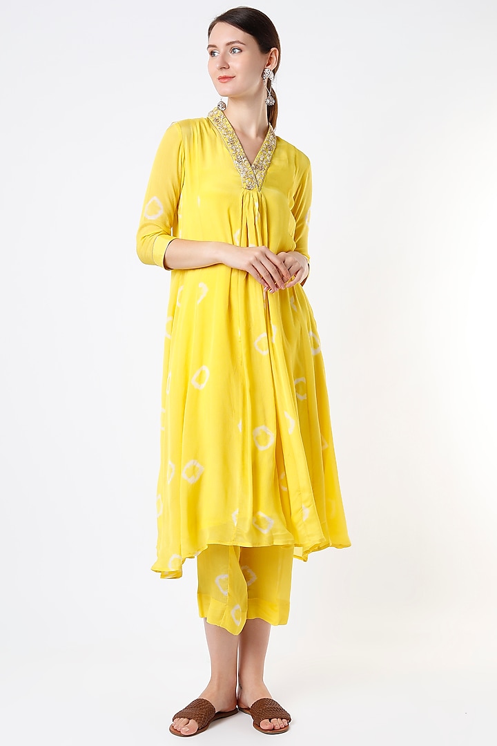 Bright Yellow Embroidered Tunic Set by Rosette