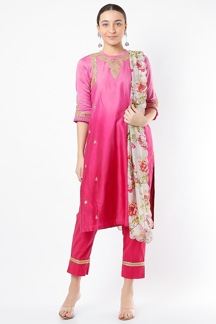Candy Pink Embroidered Kurta Set by Rosette