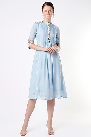 Sky Blue Bandhej Printed Pleated Kurta by Rosette