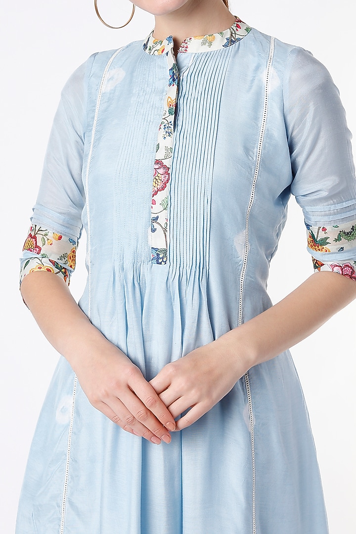 Sky Blue Bandhej Printed Pleated Kurta by Rosette at Pernia's Pop Up Shop