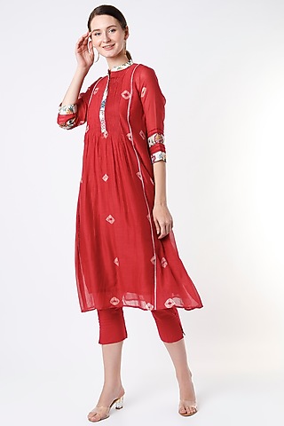 Fiery Red Bandhej Printed Pleated Kurta Set by Rosette