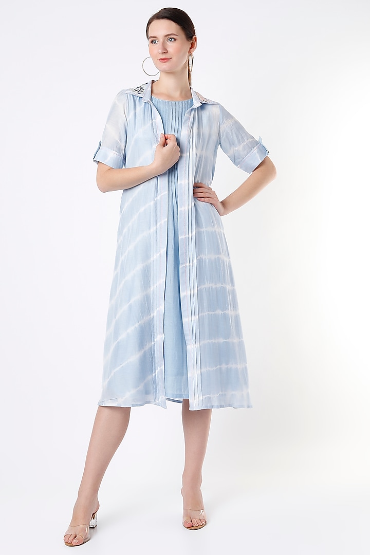 Sky Blue Mulmul Silk Cape Dress by Rosette at Pernia's Pop Up Shop