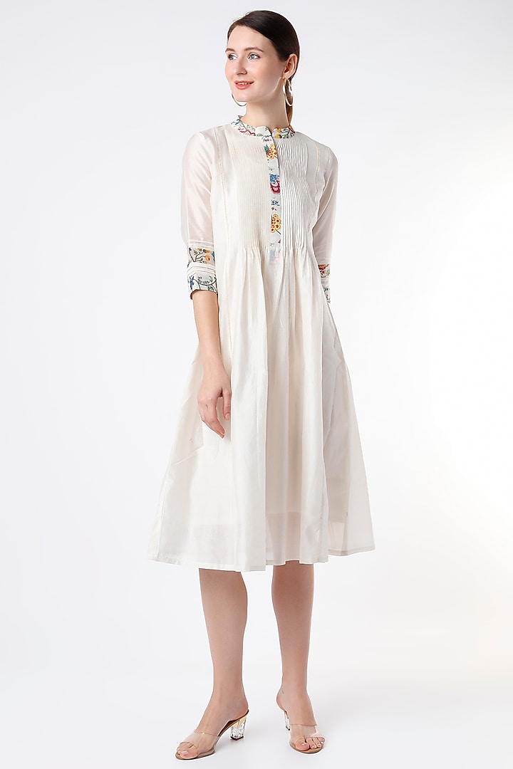 Ivory Pleated Chanderi Tunic With Slip by Rosette