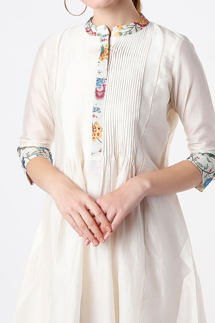 Ivory Pleated Chanderi Tunic With Slip by Rosette at Pernia's Pop Up Shop
