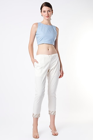 Beige Gota Embroidered Pants by Rosette