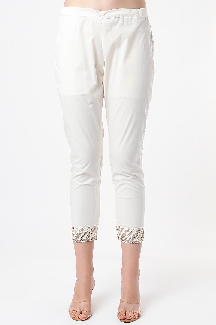 Beige Gota Embroidered Pants by Rosette at Pernia's Pop Up Shop
