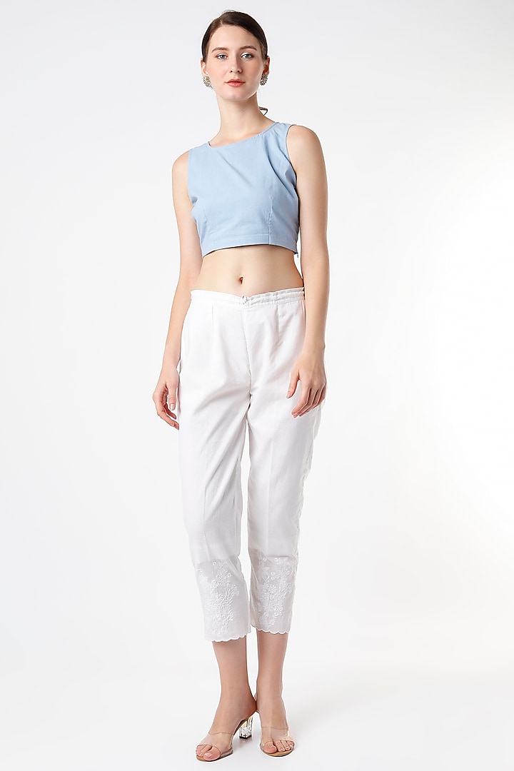 White Embroidered Pants by Rosette