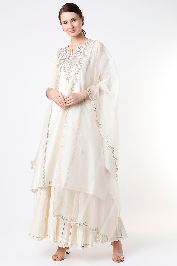 Ivory Embroidered Double-Layered Sharara Set by Rosette