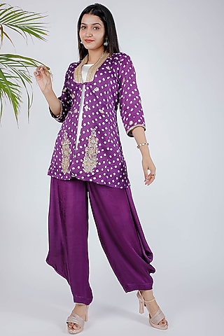 Purple Satin Bandhej Jacket Set by Rosette