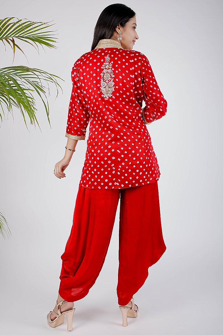 Red Satin Bandhej Jacket Set by Rosette at Pernia's Pop Up Shop