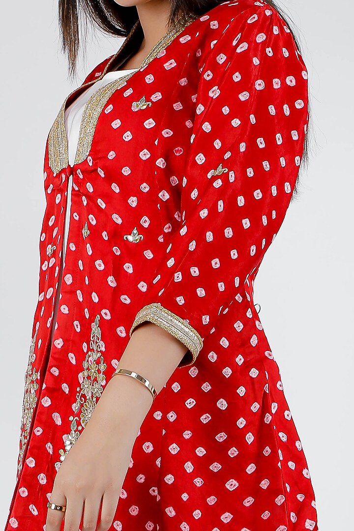 Red Satin Bandhej Jacket Set by Rosette at Pernia's Pop Up Shop