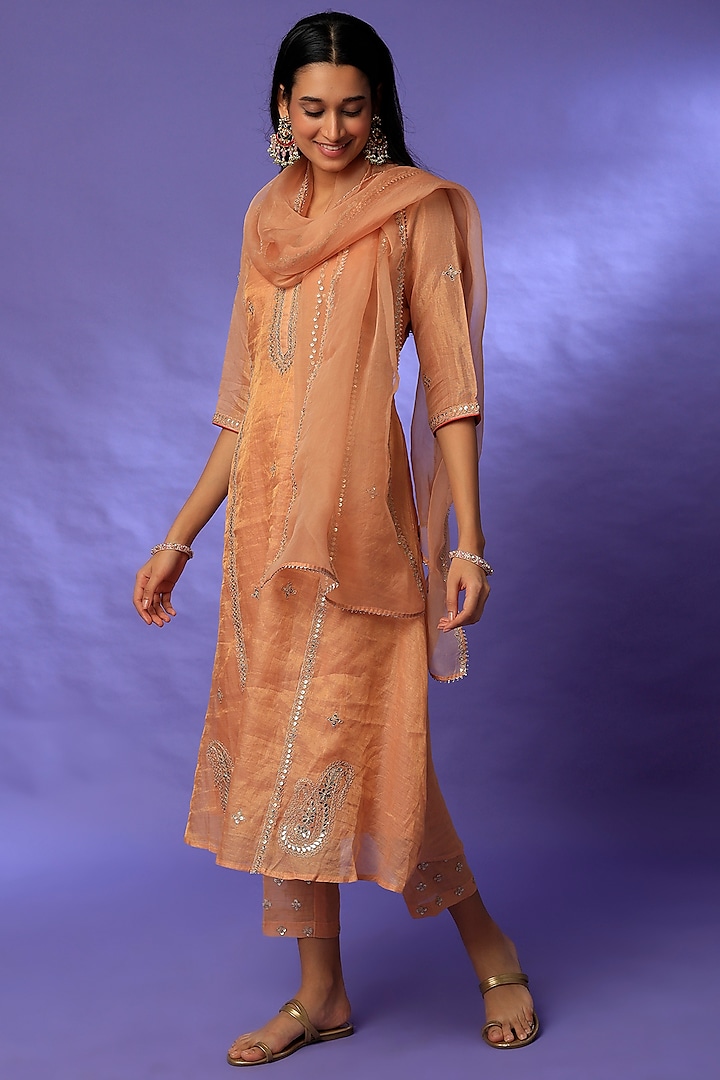 Nude Peach Embroidered Kurta Set by Rosette at Pernia's Pop Up Shop