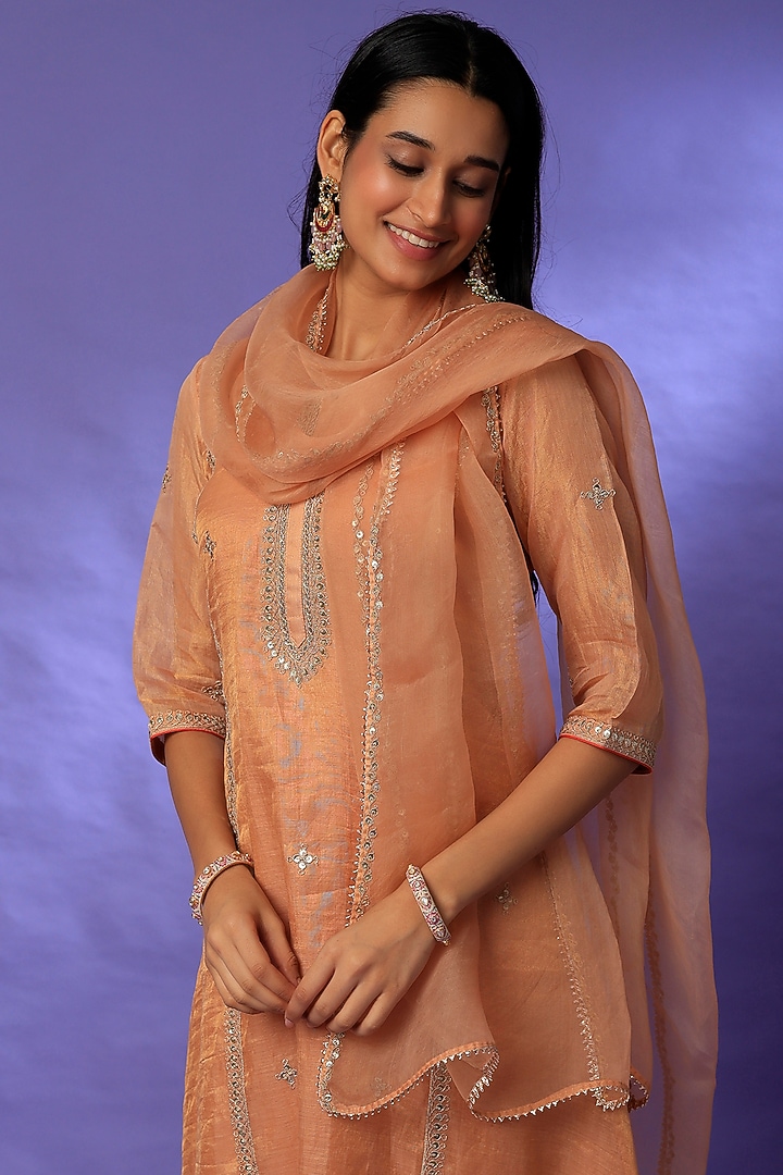 Nude Peach Embroidered Kurta Set by Rosette at Pernia's Pop Up Shop