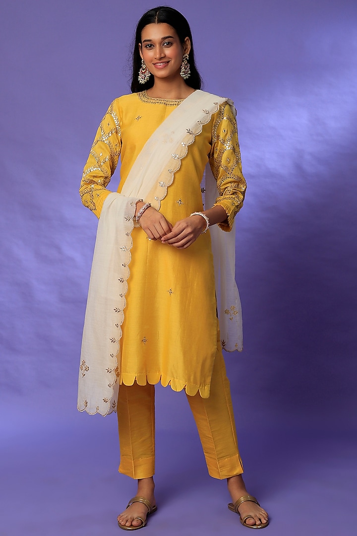 Yellow Chanderi Embroidered Kurta Set by Rosette