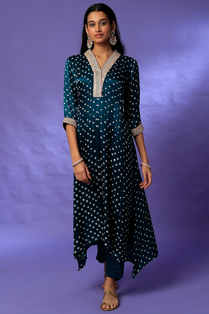 Cobalt Blue Bandhej Printed Kurta Set by Rosette